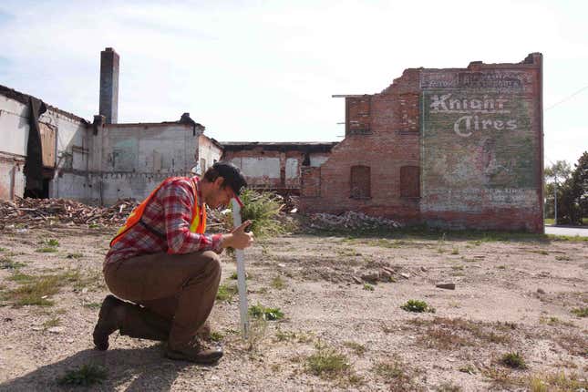 Dan Katz crouches in one of Detroit’s many vacant lots to study a bushel of ragweed.
