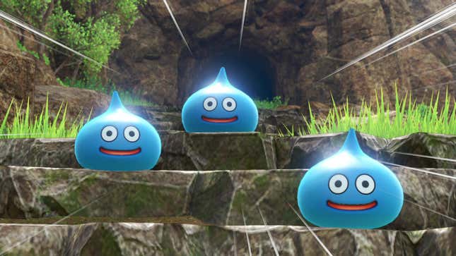 Three slimes are shown standing...sitting...vibing on rock stairs.