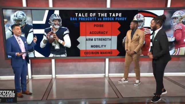 Image for article titled NFL Network graphic insinuating Brock Purdy is smarter than Dak Prescott is a bad look