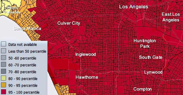 This map shows levels of fine particulate matter in the air over Los Angeles, as compared to the national average. Working-class communities OF color like Inglewood, Compton and East Los Angeles see more pollution than wealthy, predominantly white communities like Santa Monica and Pacific Palisades.