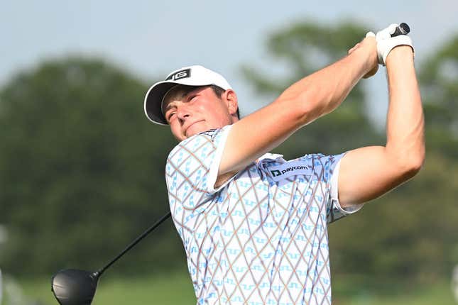 Aug 24, 2023; Atlanta, Georgia, USA; Viktor Hovland tees off on the 16th hole during the first round of the TOUR Championship golf tournament at East Lake Golf Club.