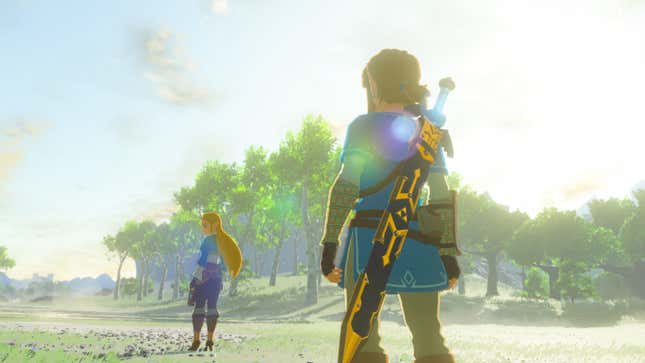 Zelda looks back at Link in Breath of the Wild.
