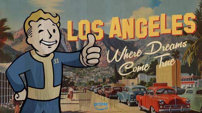 Pip Boy gives the thumbs up in a 1950s-style ad for the Fallout TV show. 