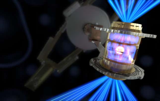 An artist's impression of lasers beam into the hohlraum, which holds the target fuel capsule.