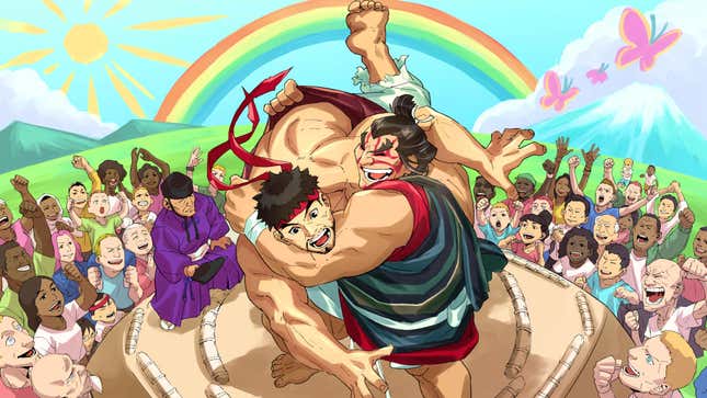 E. Honda hurls Ryu in a sumo ring as a crowd cheers.