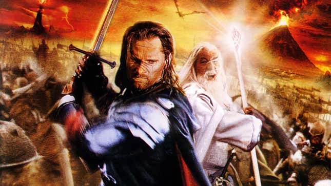Aragorn and Gandal fight through an army on the cover of a video game. 