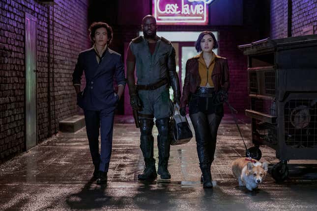 John Cho, Mustafa Shakir, Daniella Pineda and a Corgi as Spike Spiegel, Jet Black, Faye Valentine, and Ein.