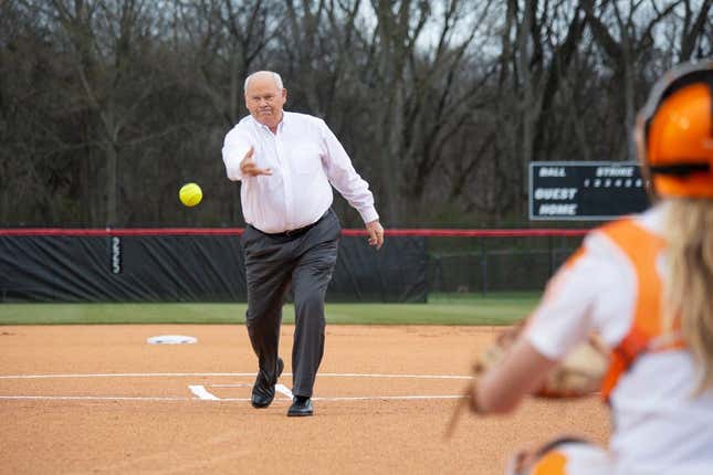 University of Tennessee Athletic Director Phillip Fulmer throws the opening pitch of the of the Misstate Classic doubleheader at the Ridley Park Sports Complex in Columbia on Tuesday, March 12, 2019.