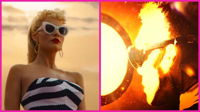 Image collage of Margot Robbie in Barbie contrasted with Cillian Murphy in Oppenheimer