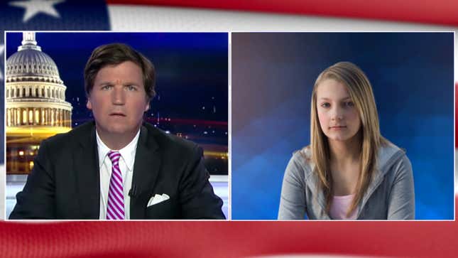 Image for article titled Tucker Carlson Spends Entire Show Screaming Over Child Bride He Invited On To Debate Him