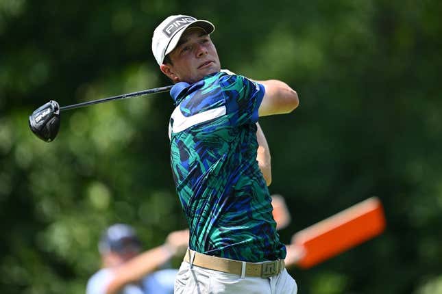 Aug 20, 2023; Olympia Fields, Illinois, USA; Viktor Hovland tees off from the 3rd tee during the final round of the BMW Championship golf tournament.