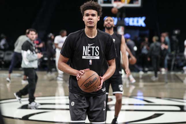 Apr 20, 2023; Brooklyn, New York, USA; Brooklyn Nets forward Cameron Johnson (2) warms up prior to game three of the 2023 NBA playoffs against the Philadelphia 76ers at Barclays Center.
