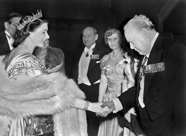 Princess Elizabeth greets Winston Churchill