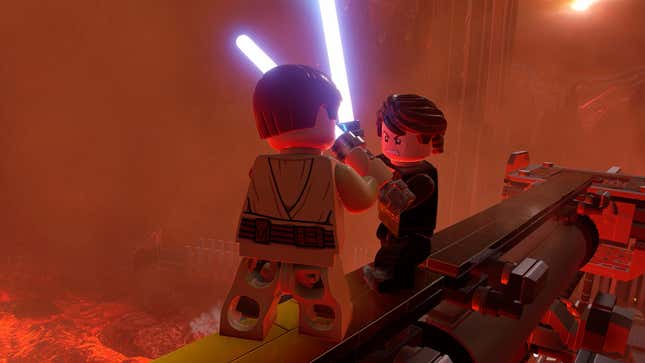Anakin and Obi-Wan fight on a beam in Lego Star Wars: The Skywalker Saga, one of the best games of 2022.