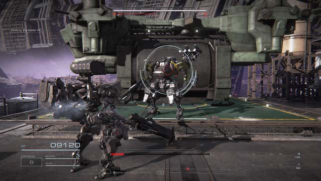 Two mechs face off on a metal platform.