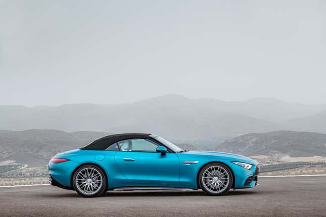 Side view of the 2023 Mercedes AMG SL43 with its roof up