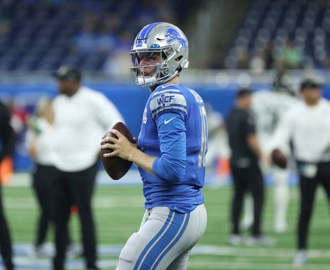 Detroit Lions quarterback Nate Sudfeld (10) warms up before action against the Jacksonville Jaguars, Saturday, August 19, 2023 at Ford Field.