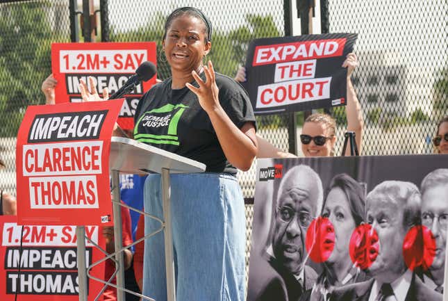 WASHINGTON, DC - JULY 28: Tamara Brummer speaks at a demonstration where MoveOn.org delivered over 1 million signatures calling for Congress to immediately investigate and impeach Clarence Thomas at the US Supreme Court on July 28, 2022 in Washington, DC.