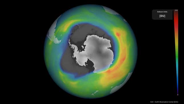 A satellite data visualization of the 2020 ozone hole.