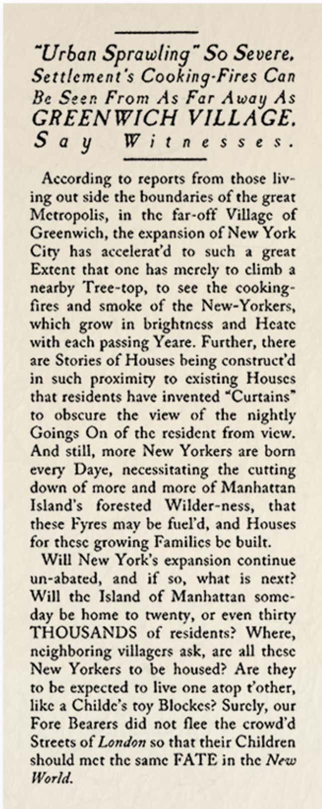 Image for article titled Historical Archives: &quot;Urban Sprawling&quot; So Severe, Settlement&#39;s Cooking-Fires Can Be Seen From As Far As Greenwich Village