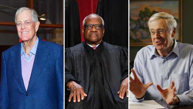 From left: David Koch (pictured in 2017), Clarence Thomas, and Charles Koch (pictured in 2007)