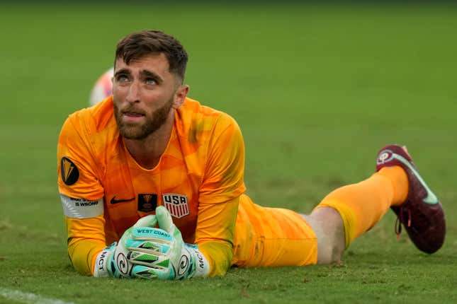 U.S. goalkeeper Matt Turner reacts after Panama midfielder Adalberto Carrasquilla scored the last goal of the penalty shootout
