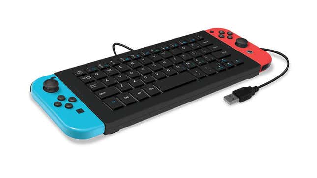 A Nintendo Switch keyboard, with joy-cons on the side.