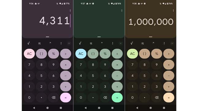 Three screenshots side-by-side of the Calculator app on Android in different stylings