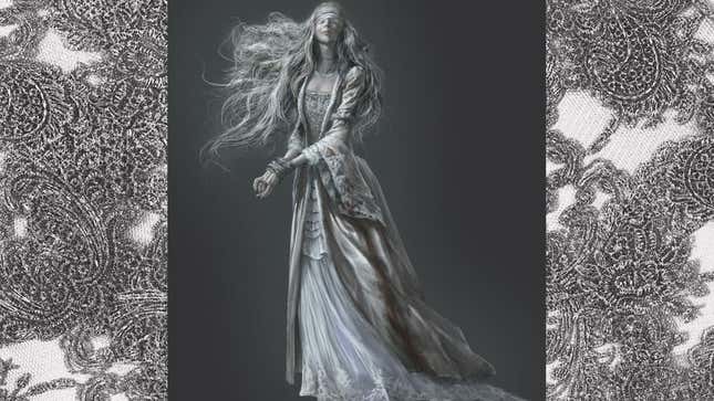 An image shows concept art of Bloodborne's Bound Widow with a lace background.