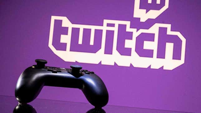 A controller sits in front of a Twitch logo. 