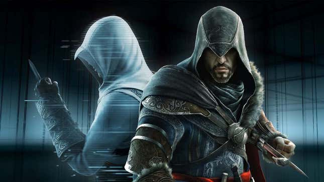 An old assassin stands back to back with a man in a white hood. 
