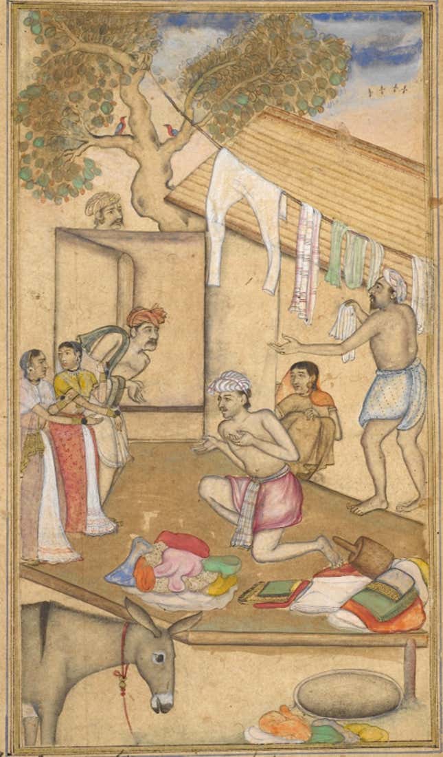 One of Rama’s servants overhears a washerman quarrelling with his wife. Episode from the 14th book, the Aśvamedhikaparva (ʻhorse sacrificeʼ).
