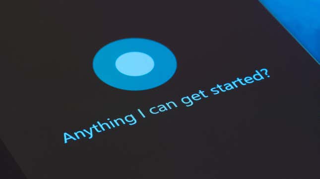 Using Cortana on Surface Pro 4. Cortana bubble reading "anything I can get started?"
