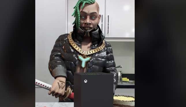 An AI rapper holds a katana in front of an Xbox Series X. 
