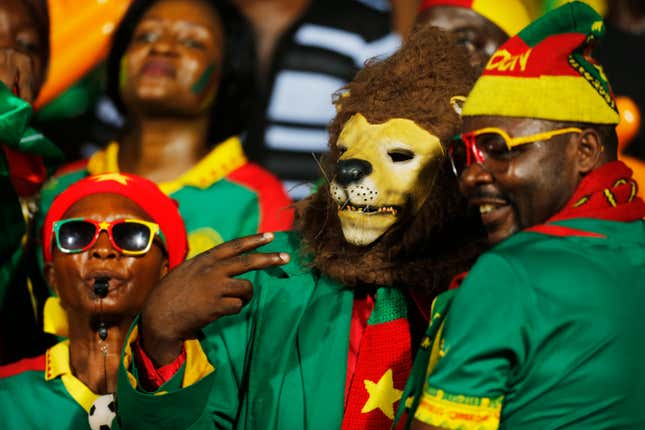 A Cameroonian lion among the fans
