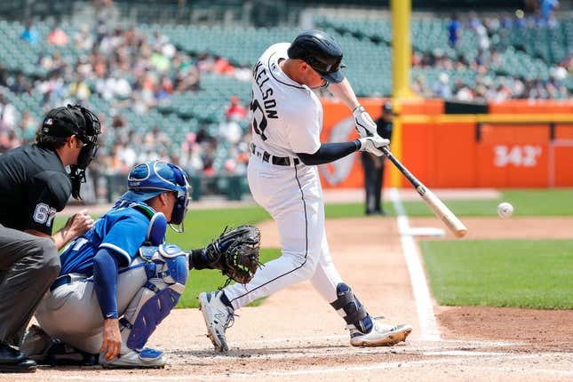 Tigers first baseman Spencer Torkelson bats against the Royals during the first inning at Comerica Park on Wednesday, June 21, 2023.