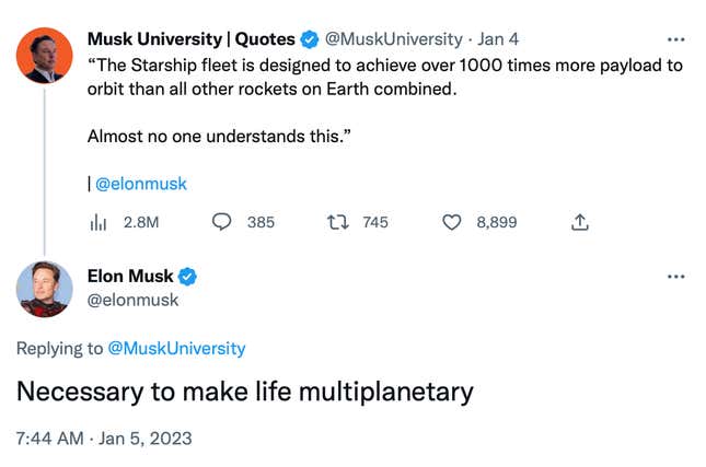 A screenshot of Elon responding a quote from himself about how no one understands Starship's  goals.