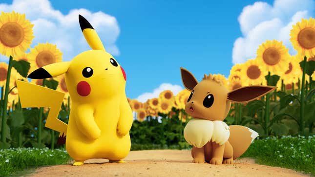 Pikachu and Eevee are shown walking through a field of sunflowers.
