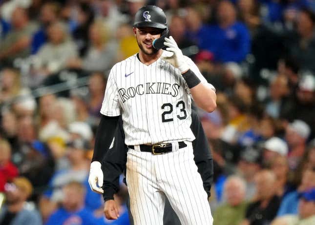 Sep 12, 2023; Denver, Colorado, USA; Colorado Rockies right fielder Kris Bryant (23) reacts to his RBI single in the fifth inning against the Colorado Rockies at Coors Field.