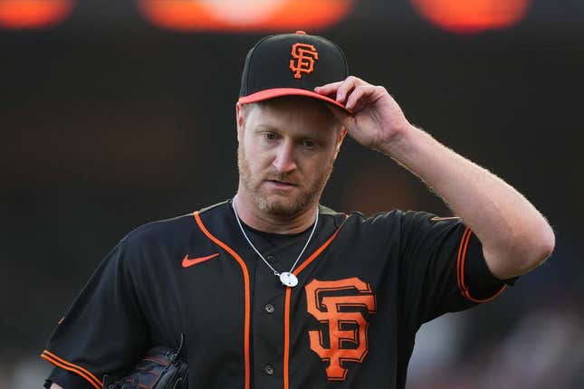 Jun 3, 2023; San Francisco, California, USA;  San Francisco Giants starting pitcher Alex Cobb (38) walks to the dugout during the first inning against the Baltimore Orioles at Oracle Park.