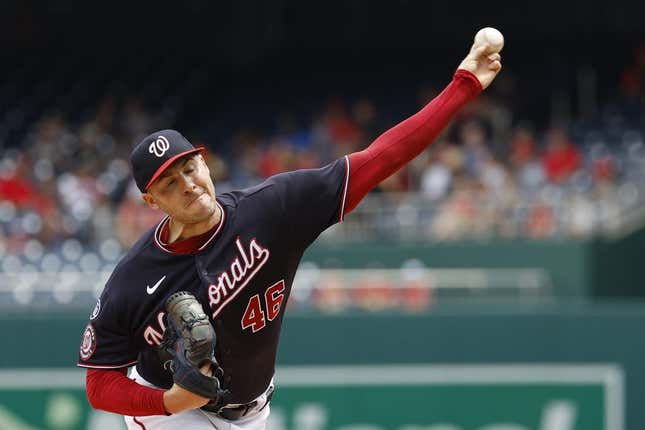 Jul 9, 2023; Washington, District of Columbia, USA; Washington Nationals starting pitcher Patrick Corbin (46) pitches against the Texas Rangers during the first inning at Nationals Park.