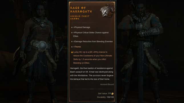 A composite image shows stats for the Rage of Harrogath chest piece.