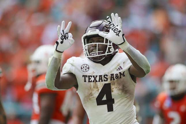 Sep 9, 2023; Miami Gardens, Florida, USA; Texas A&M Aggies running back Amari Daniels (4) reacts after scoring a touchdown against the Miami Hurricanes during the second quarter at Hard Rock Stadium.