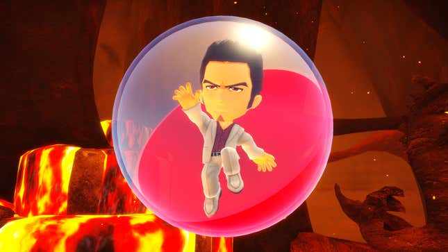 A stern cartoon man in a nice suit appears unhappy to be trapped in a plastic ball.