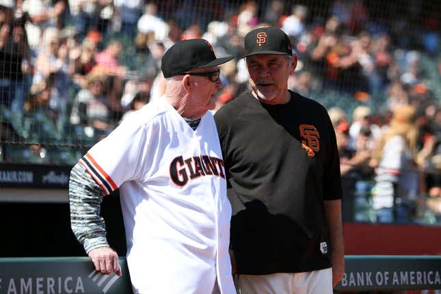 Aug 11, 2019; San Francisco, CA, USA; San Francisco Giants former manager Roger Craig and manager Bruce Bochy (15) during the 1989 team reunion before the game against the Philadelphia Phillies at Oracle Park.