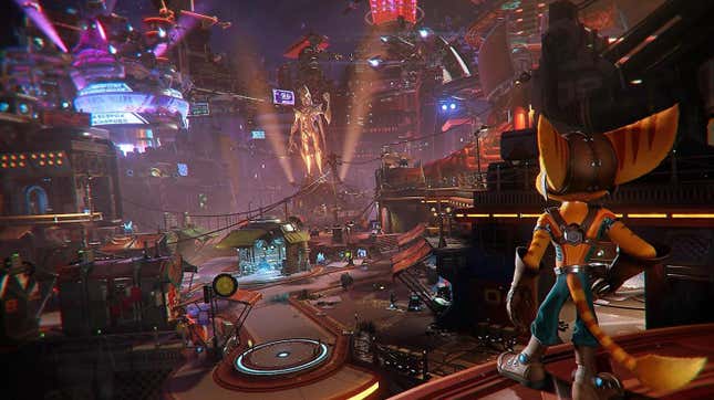 Ratchet stares at a city in Racthet Clank: Rift Apart.