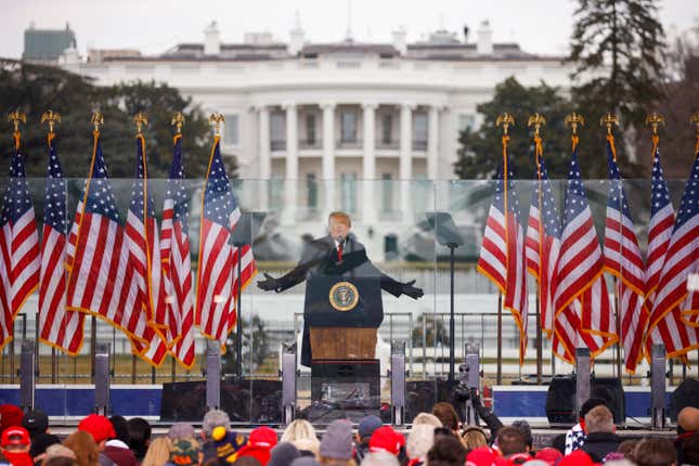 Then President Donald Trump gestured as he spoke during a rally to contest the certification of the 2020 U.S. presidential election results by congress, on January 6, 2021.