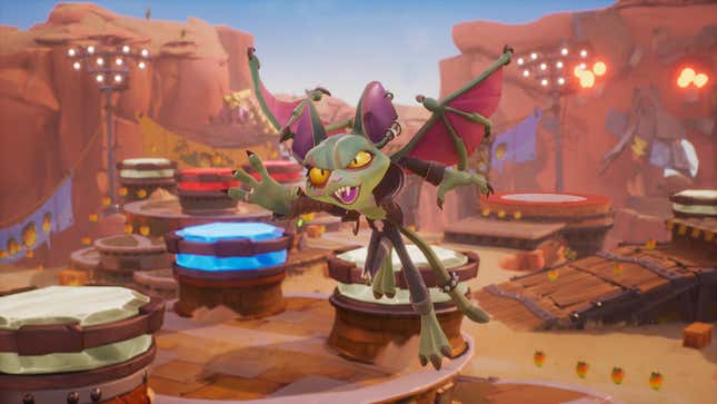 Catbat is seen flying over a stage in Crash Team Rumble.