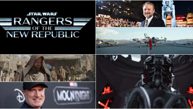 Clockwise from top left: Rangers Of The New Republic logo (Lucasfilm), Rian Johnson (Getty Images), Rogue Squadron teaser (YouTube), The Mandalorian (Lucasfilm), Kevin Feige (Getty Images), Obi-Wan Kenobi (Lucasfilm)