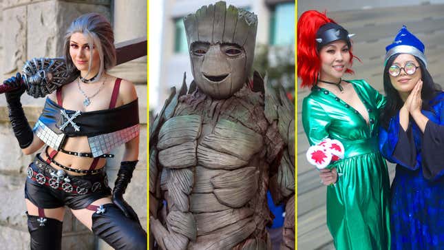 Cosplayers portray Final Fantasy X-2's Paine, Guardians of the Galaxy's Groot, and gender-bent versions of Mario's Bowser and Kamek.